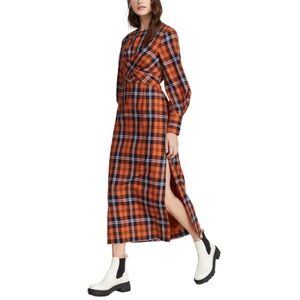 STAUD Crosshill Orange Casual Cuffed Sleeves Faux Wrap Midi Dress women’s Sz M